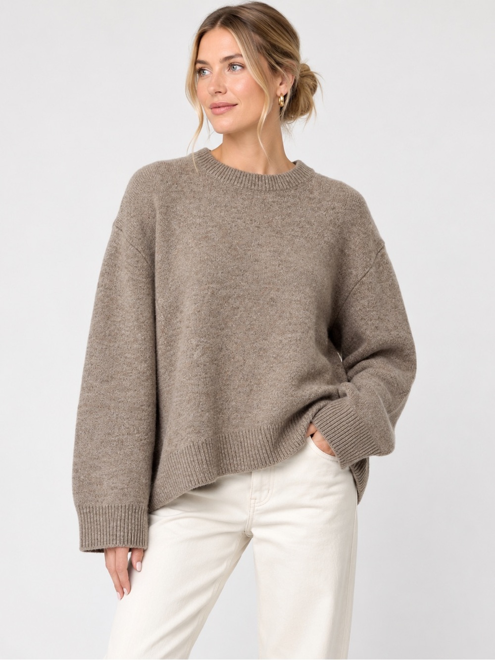 ZARA Oversized Wool Knit Sweater, Relaxed Fit Taupe Brown (Crewneck) sz. S-M